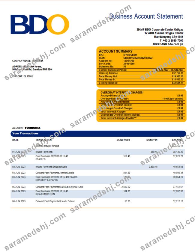 BDO Bank organization statement Word and PDF template